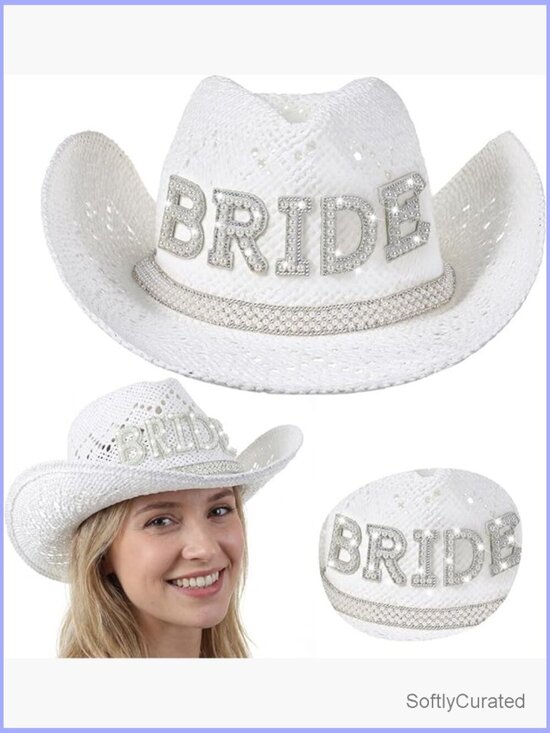 White Wide Brim Cowgirl Hat with Pearl Bride for Bachelorette Wedding main image 4